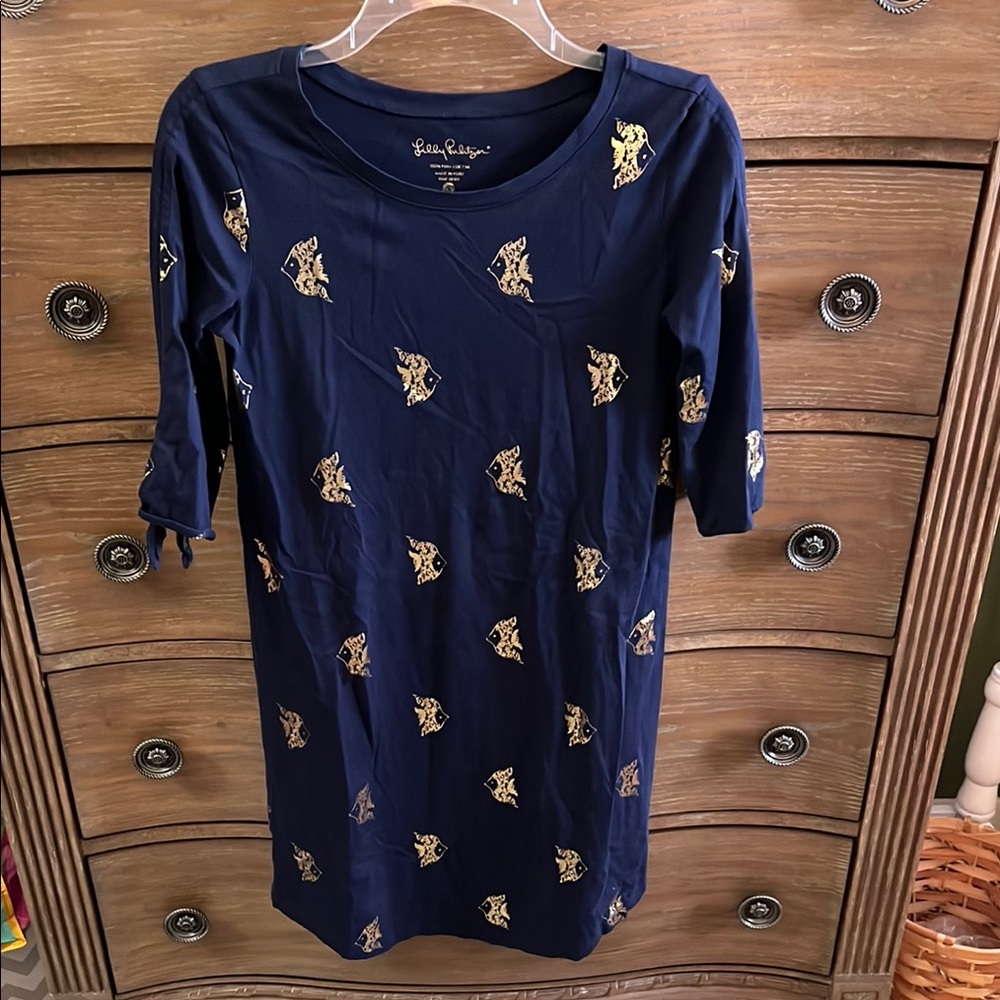 Navy Dress with Gold Pattern